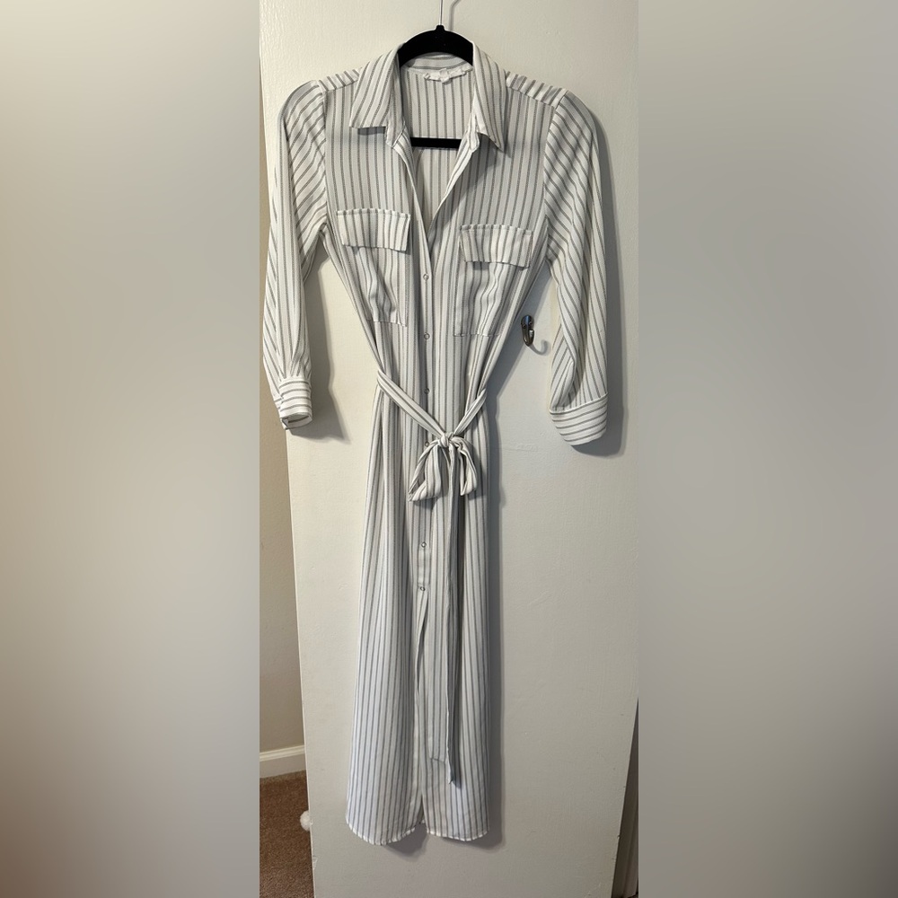 Olivaceous Grey striped and White Notched Collar Snap Button Down Shirt Dress
